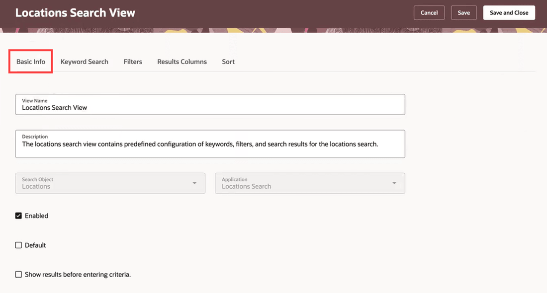 Basic Info tab of the HCM Locations Search View page