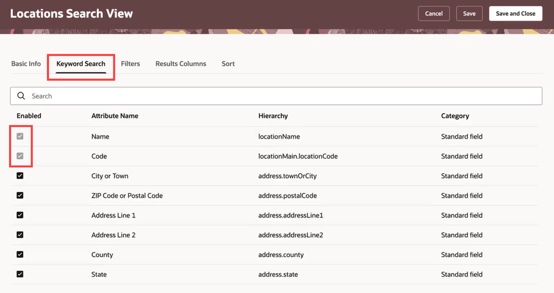 Keyword Search tab of the HCM Locations Search View page
