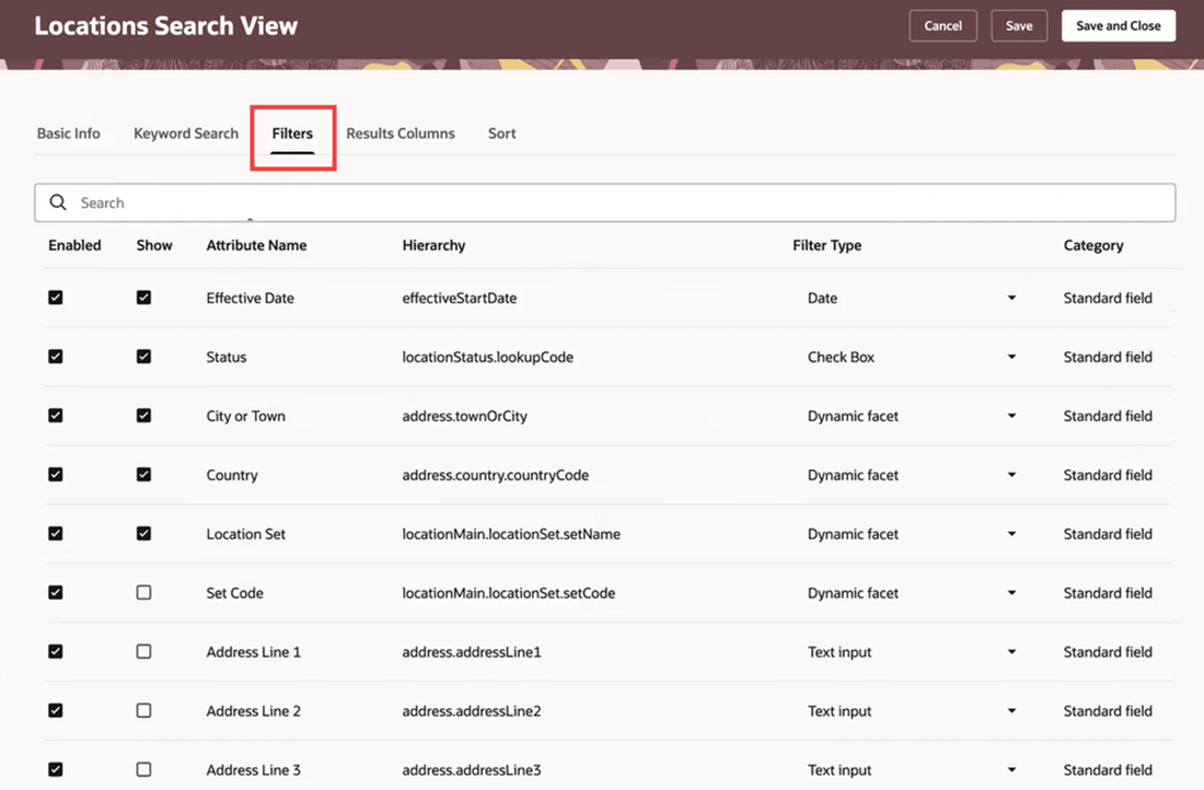 Filters tab of the HCM Locations Search View page