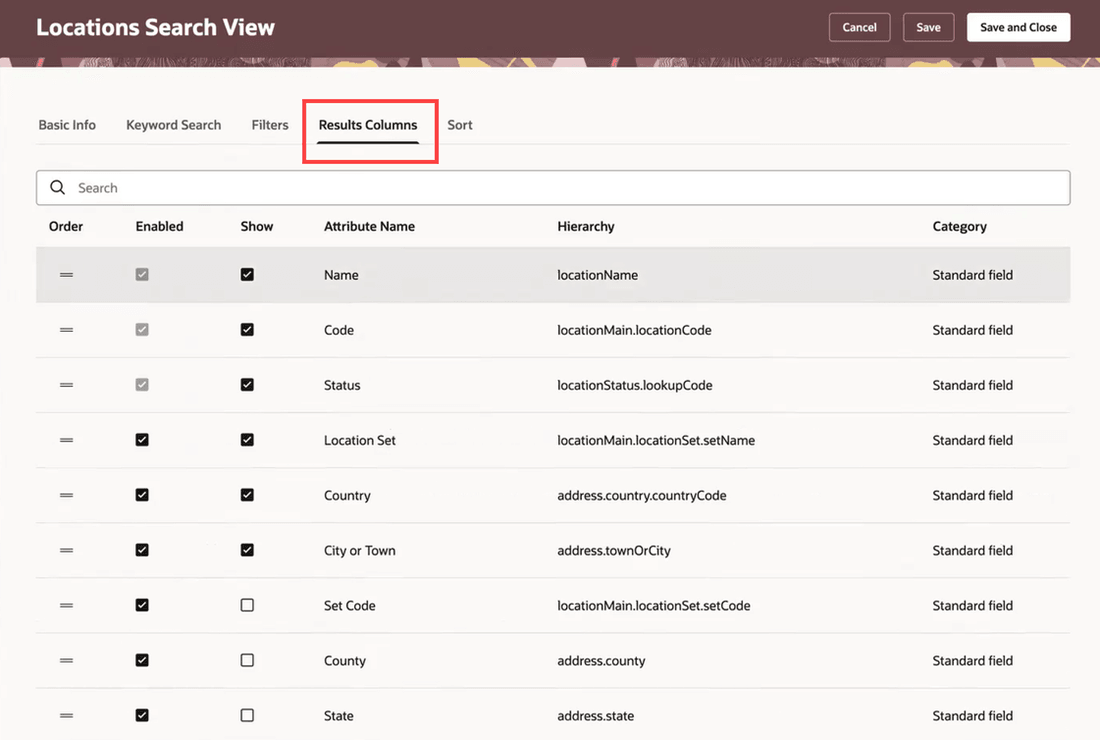 Results Columns tab of the HCM Locations Search View page