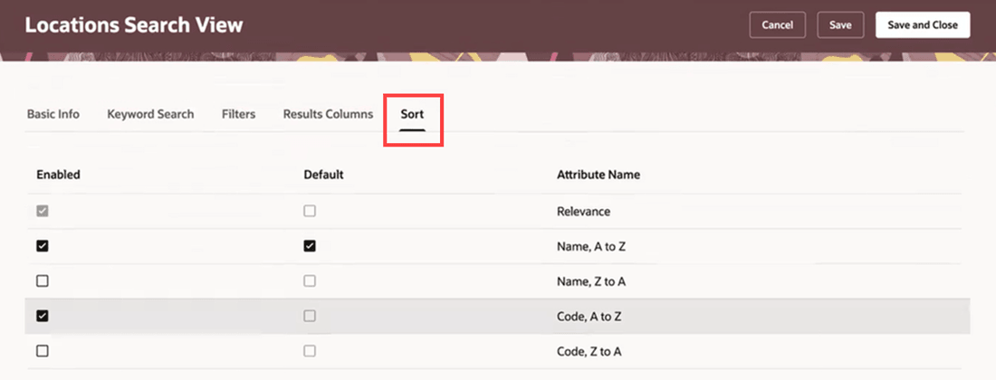 Sort tab of the HCM Locations Search View page