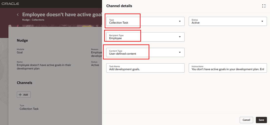 Nudge Channel Configured as Collection Task for Employee with User-Defined Content