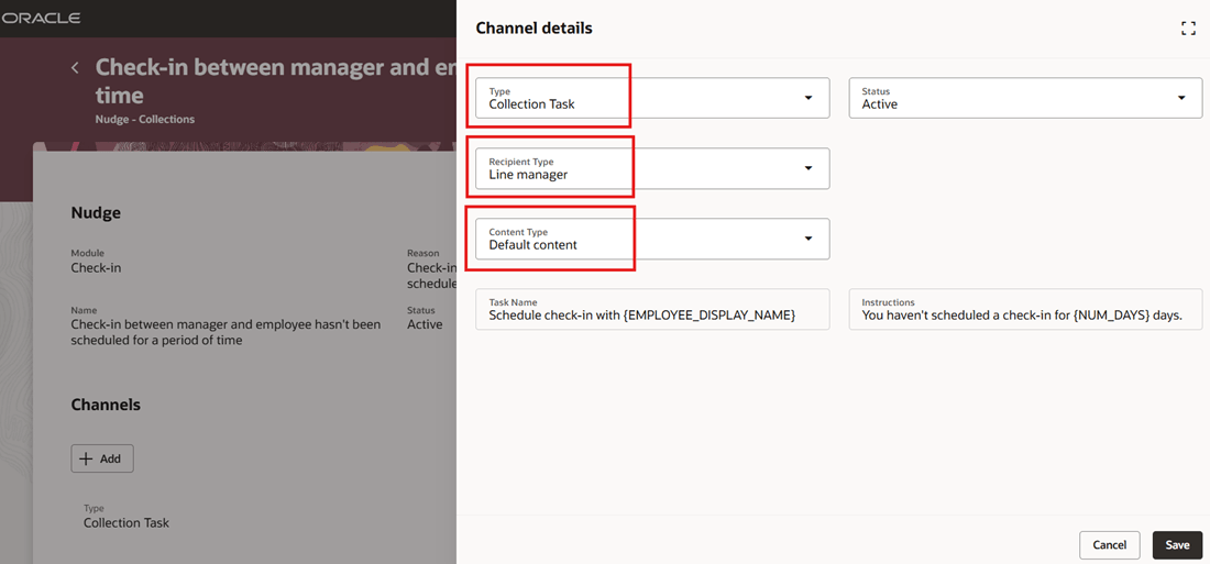 Nudge Channel Configured as Collection Task for Line Manager with Default Content