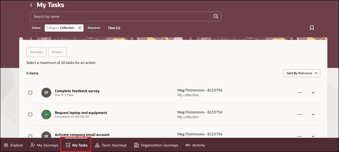 Collection Tasks Displayed on My Tasks Tab