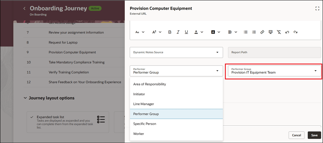 Select Performer Group Type in Journey Task