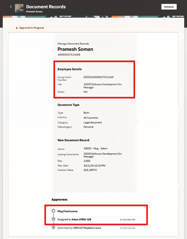 Enhanced Notification Displaying Selected Assignment and Associated Approvers