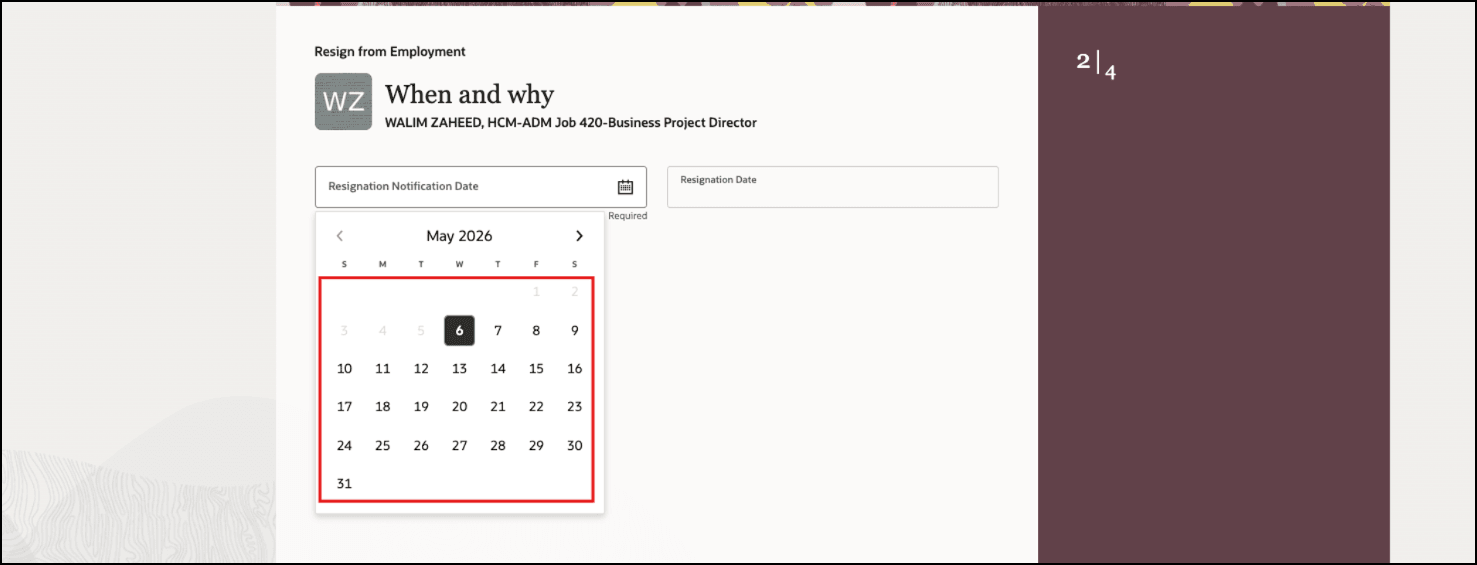 Before Enhancement: Past Dates Not Allowed for Resignation Notification Date
