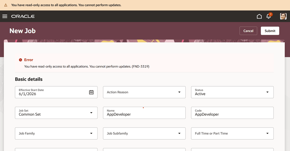 Message displayed when the user tries to create and submit a new job