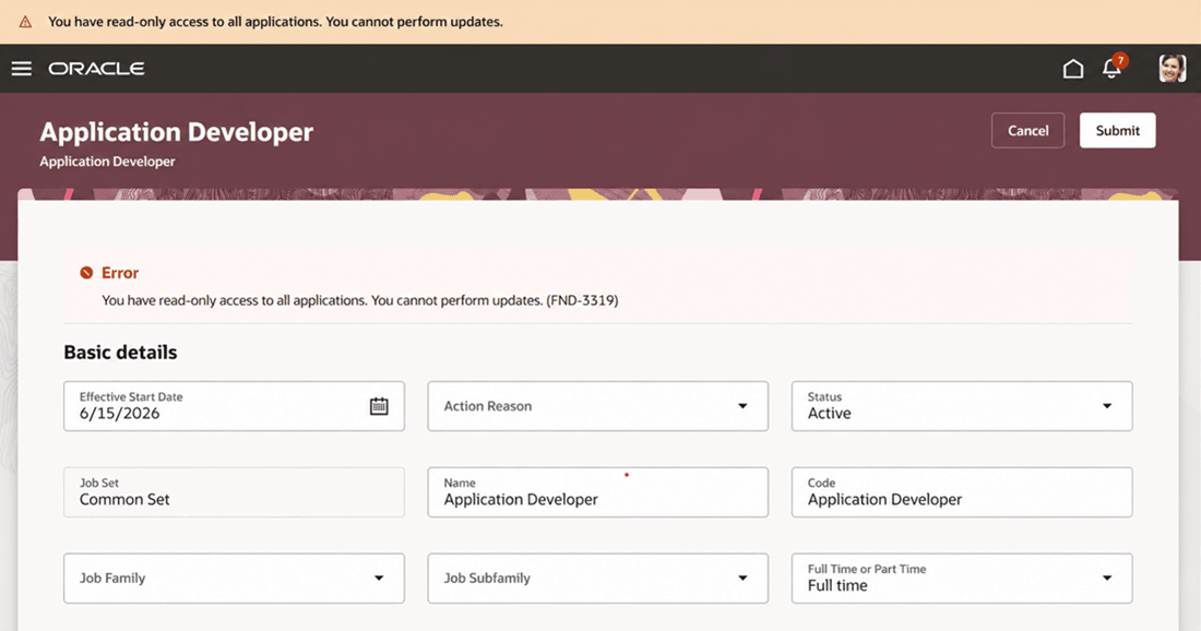 Message displayed when the user tries to edit and submit the changes for a job record