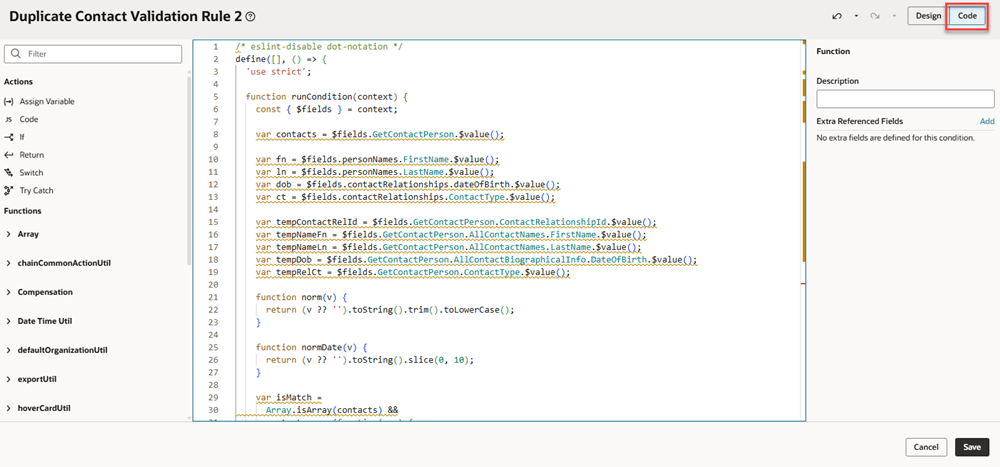 VB Studio Validate Rule Showing Code for the Rule