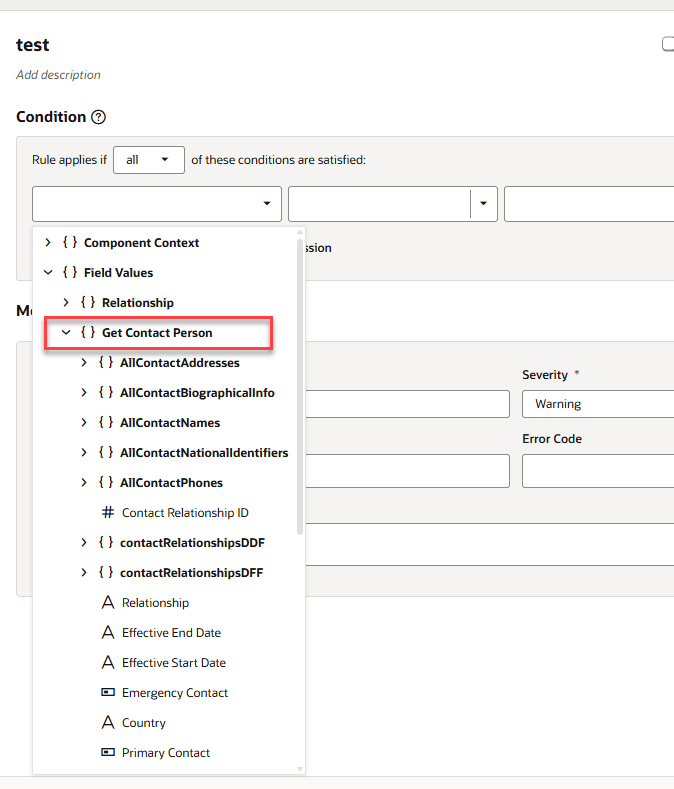 VB Studio Condition Builder showing Available Objects and attributes for GetContactPerson