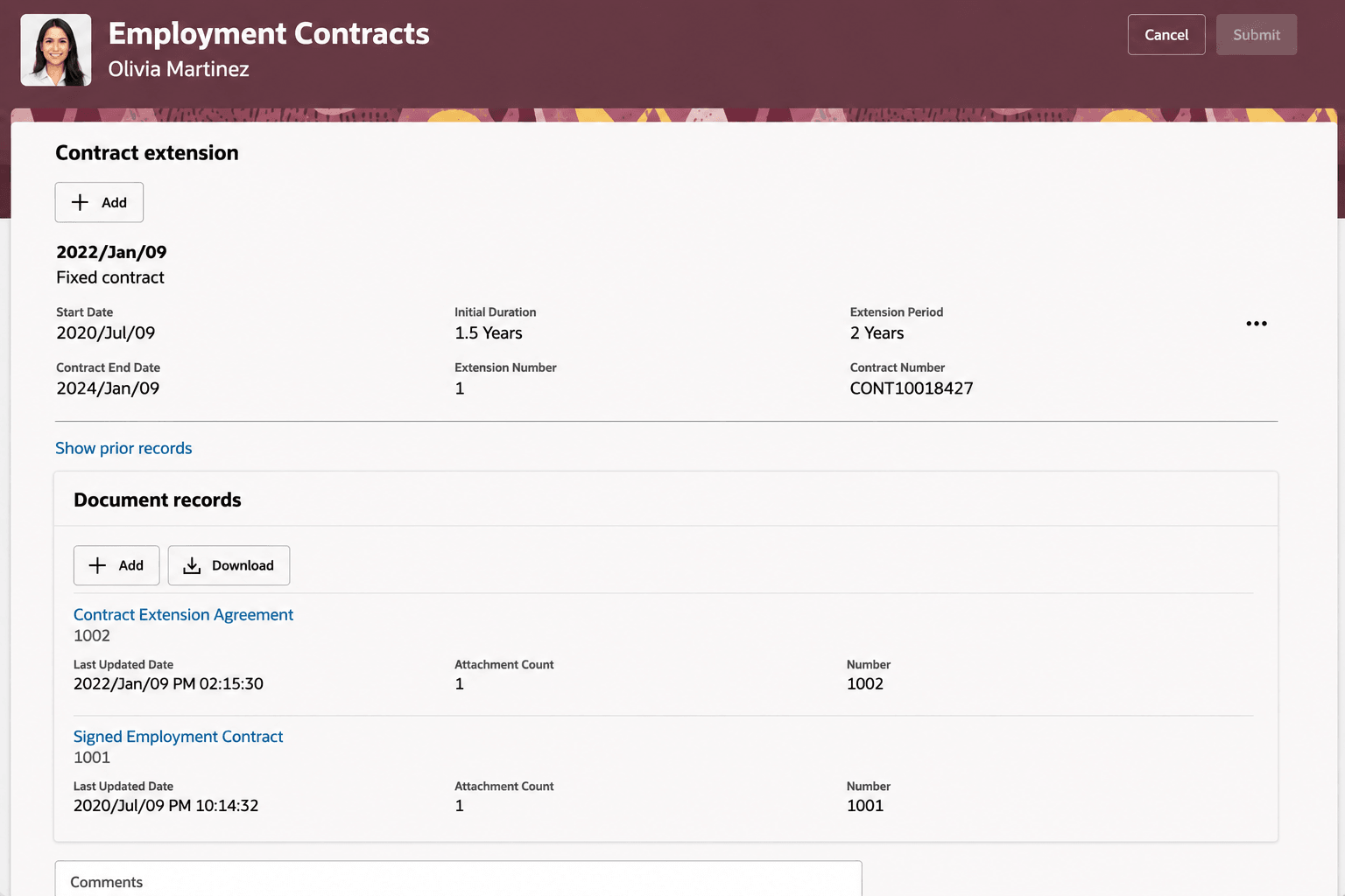 Document Records in Employment Contracts page