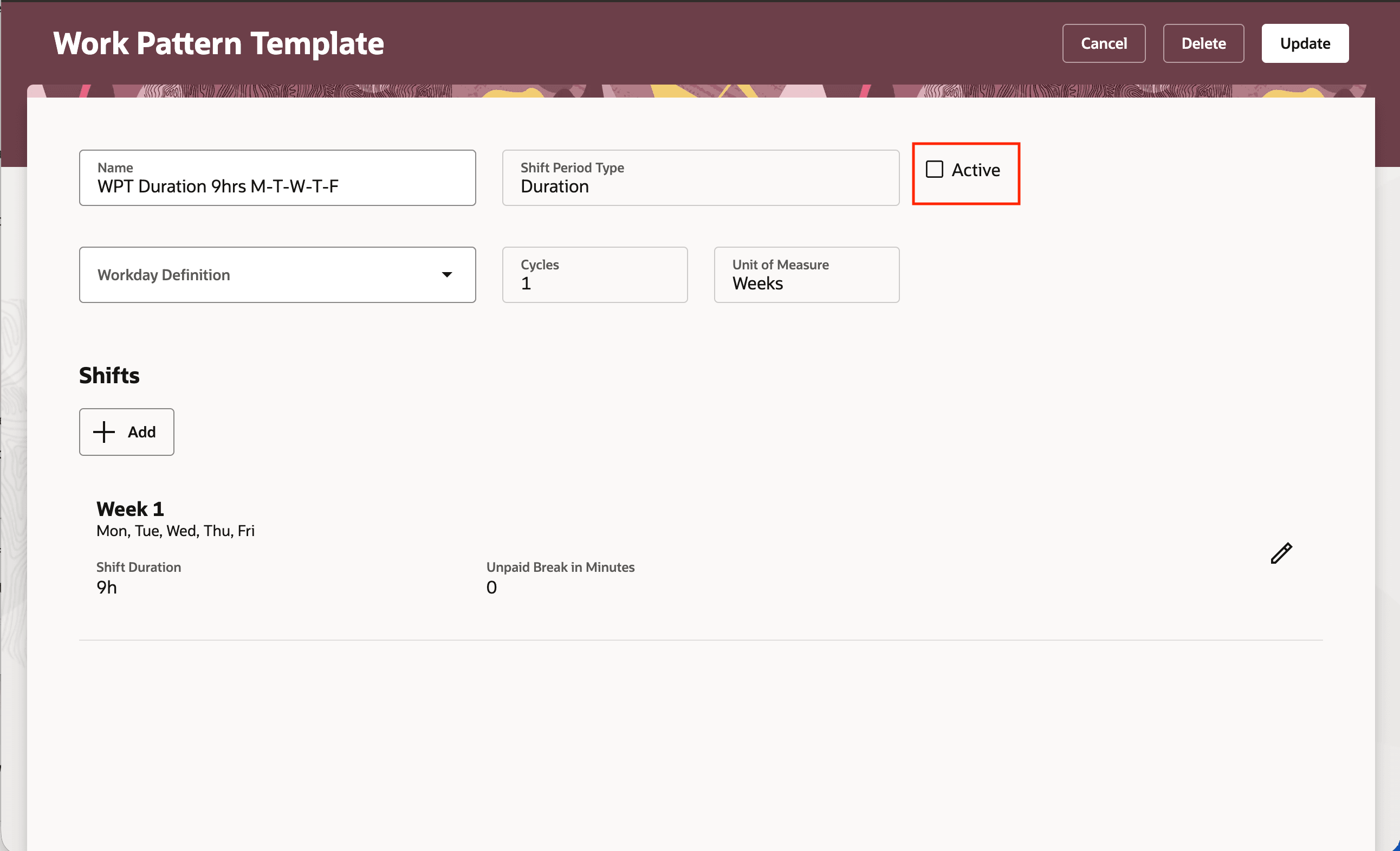 The Work Pattern Template page includes the Active option when creating or editing a template.