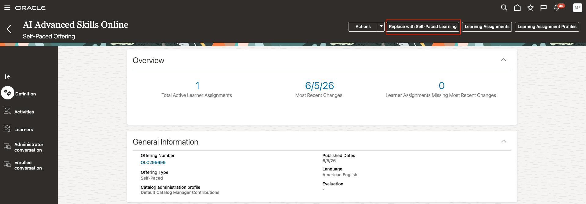 Course Offering Details Page with the Replace with Self-Paced Learning Action