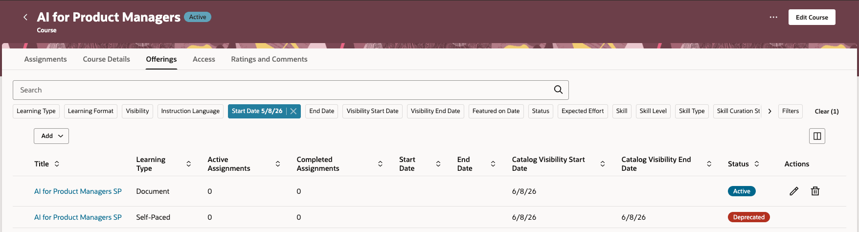 Course Details Page Showing a Deprecated Offering and the Replacement Self-Paced Learning