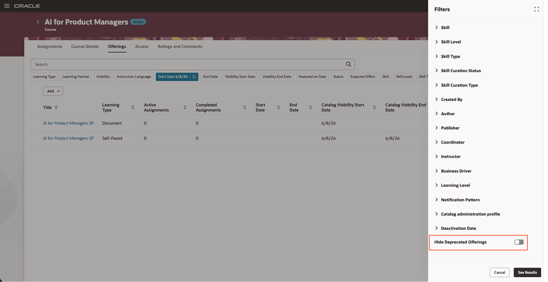Hide Deprecated Offerings Filters Drawer Opened from the Course Details Page, Offerings Tab