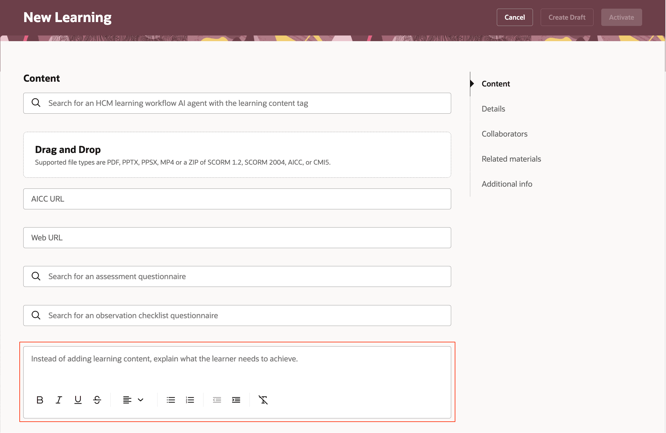 New Learning Page Where Specialists Enter Task Instructions in a Rich Text Field When Creating Task-Based Self-Paced Learning