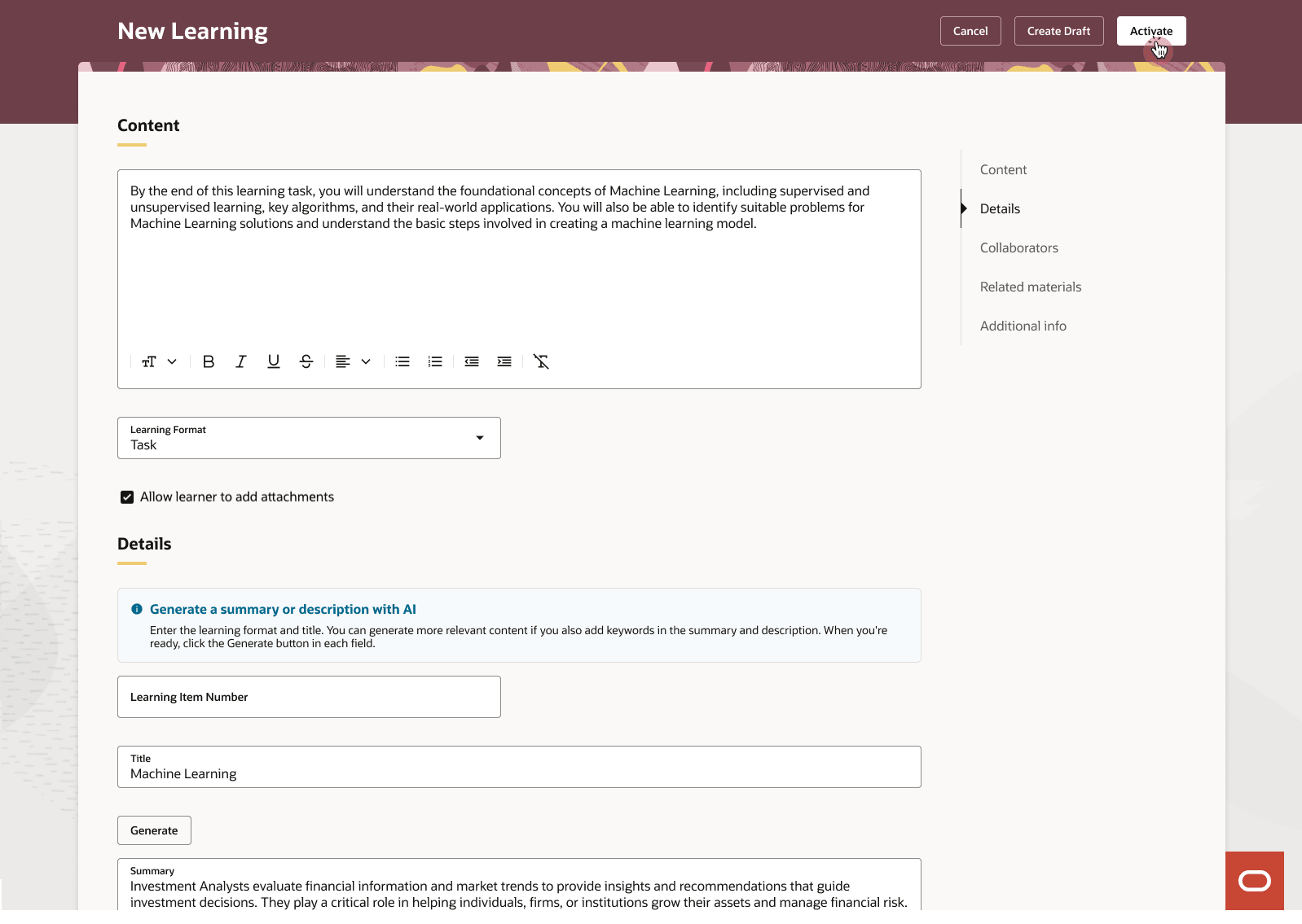 New Learning Page with Sample Values
