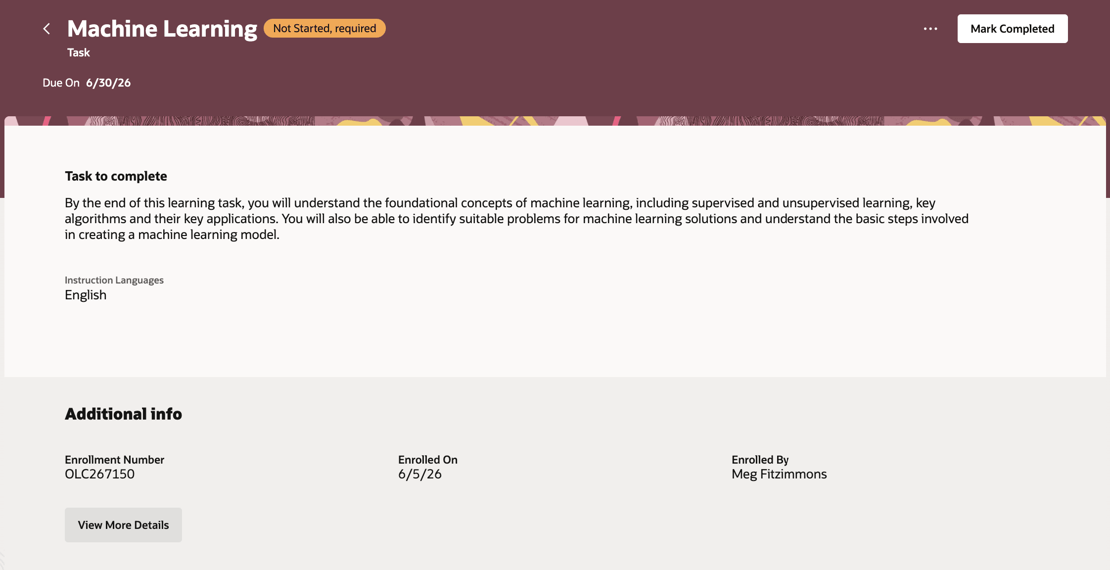 Task-Based Learning Details Page with a Task to Complete Section, Read-Only Task Instructions and, When Learner Confirmation Is Required, a Mark Completed Action