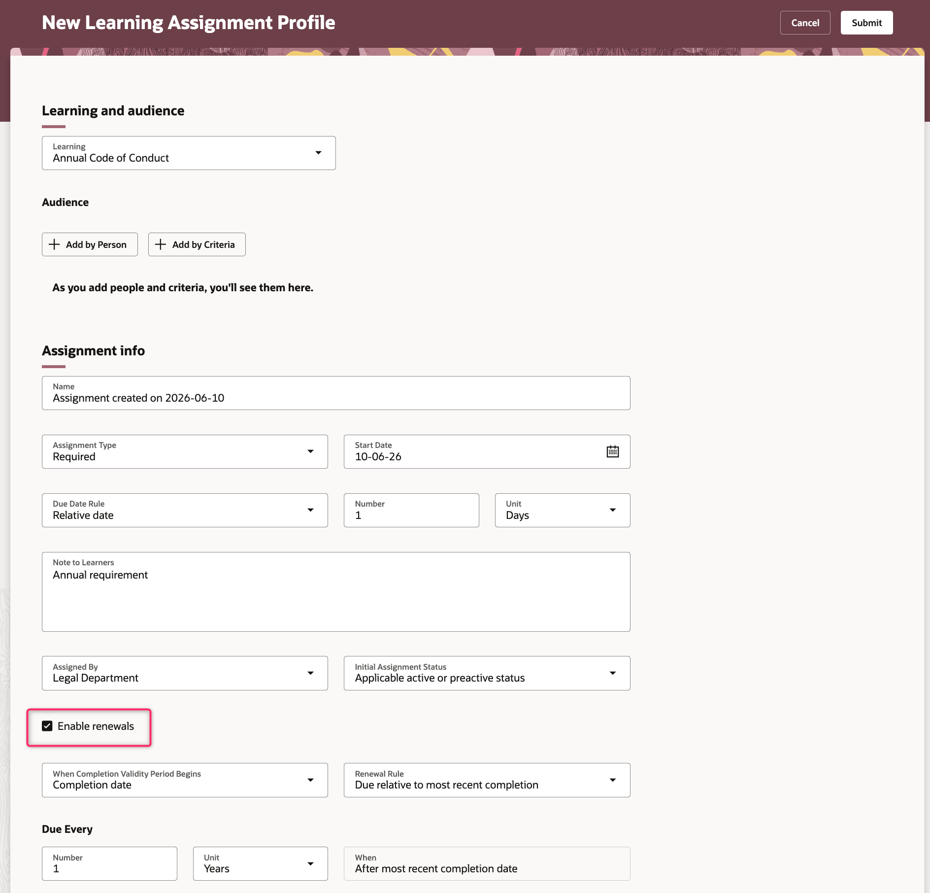 New Learning Path Assignment Profile Showing the Enable Renewal Option