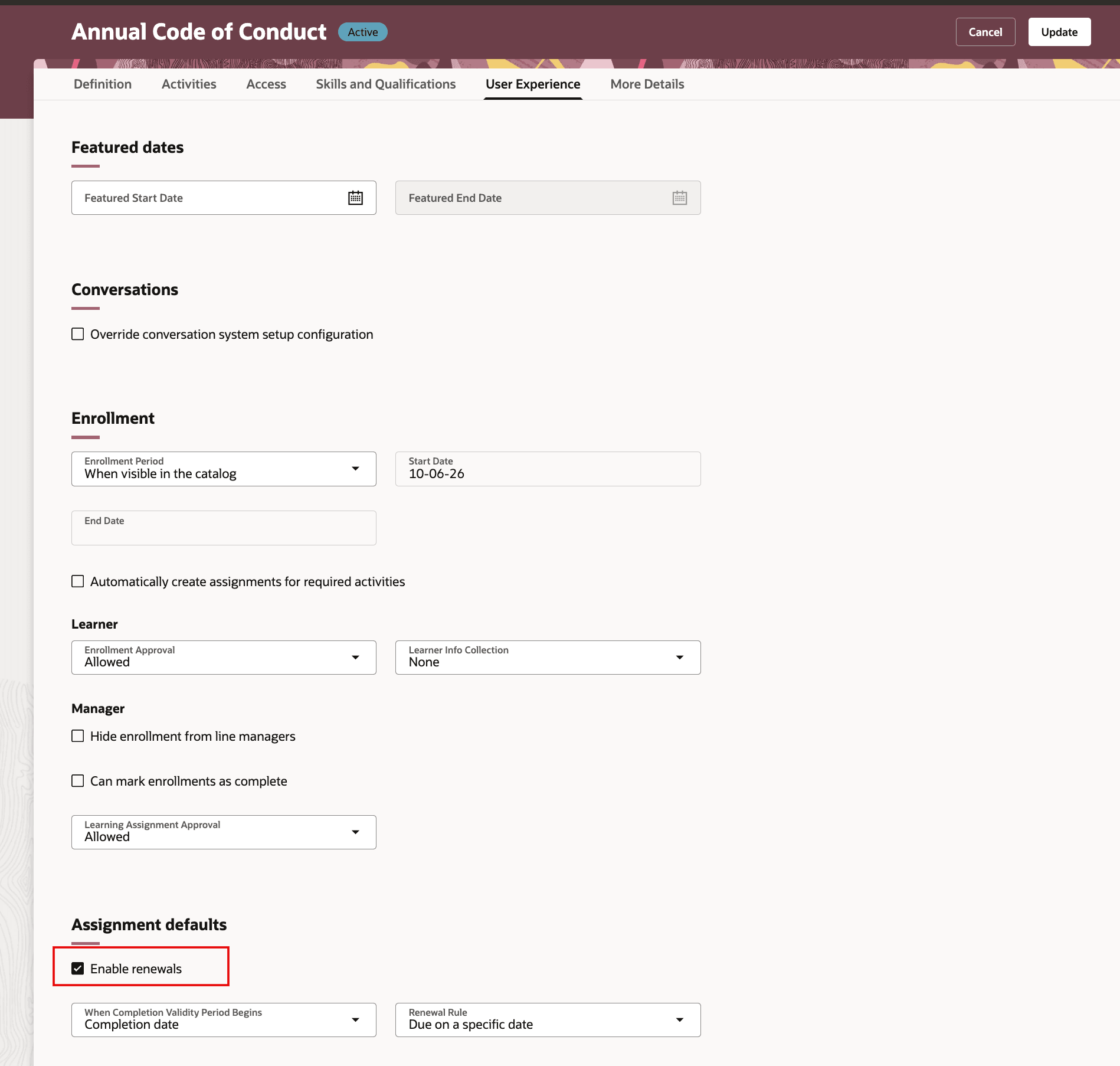 Learning Path Configuration Showing the Enable Renewals Option