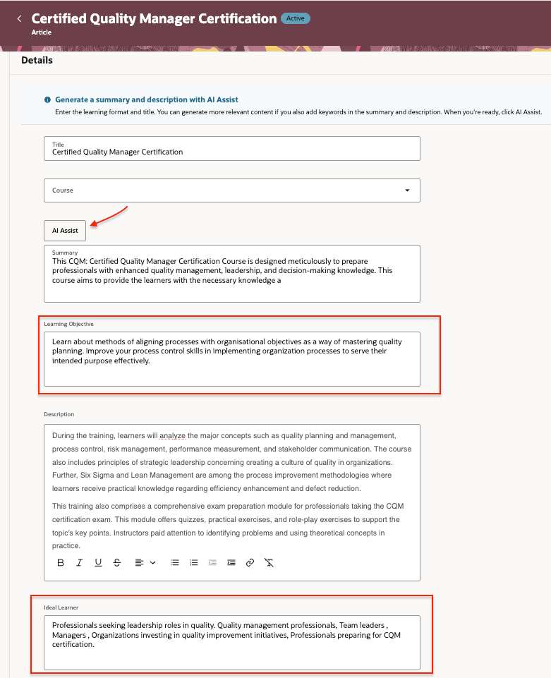 Self-Paced Learning Configuration Showing the AI Assist  Button and Learning Objective and Ideal Learner on self-paced learning create/edit page