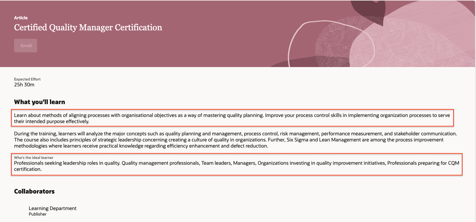 Self-Service Learning Details Page Showing the Learning Objective and Ideal Learner Information