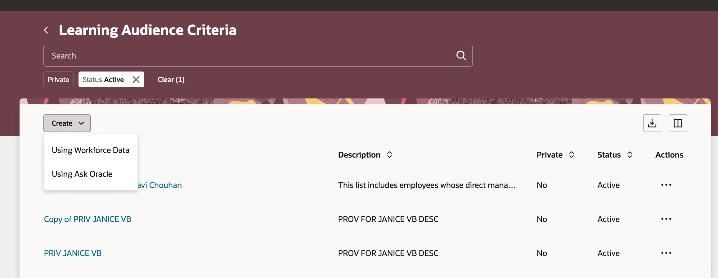 Learning Audience Criteria Page Showing the Create Options