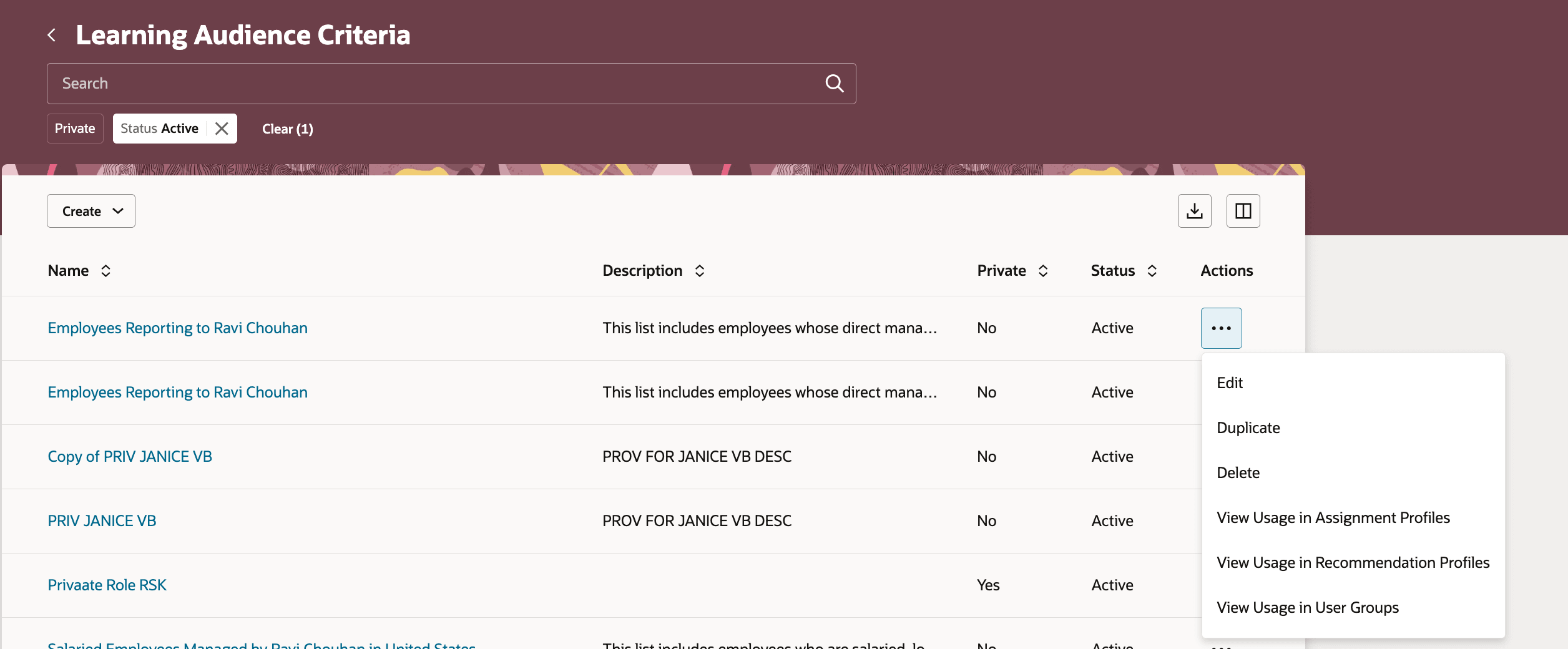 Learning Audience Criteria Page Showing the More Actions Options, Including Viewing Usages