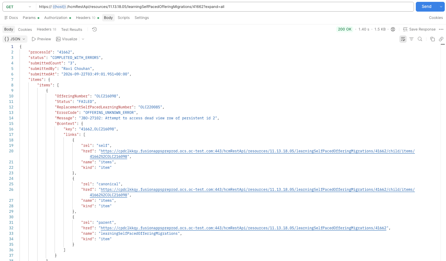 Process ID in a GET request to check the migration results