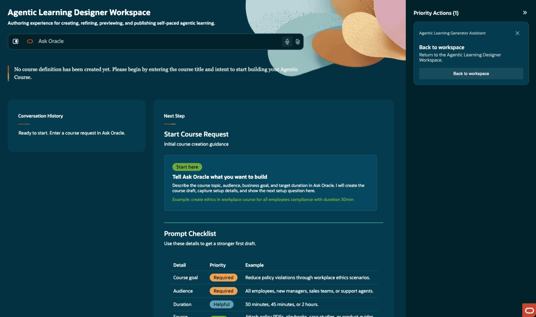 Agentic Learning Designer Workspace Where You Can Start Designing an Agentic Course or Resume Designing a Previoiusly-Created Course