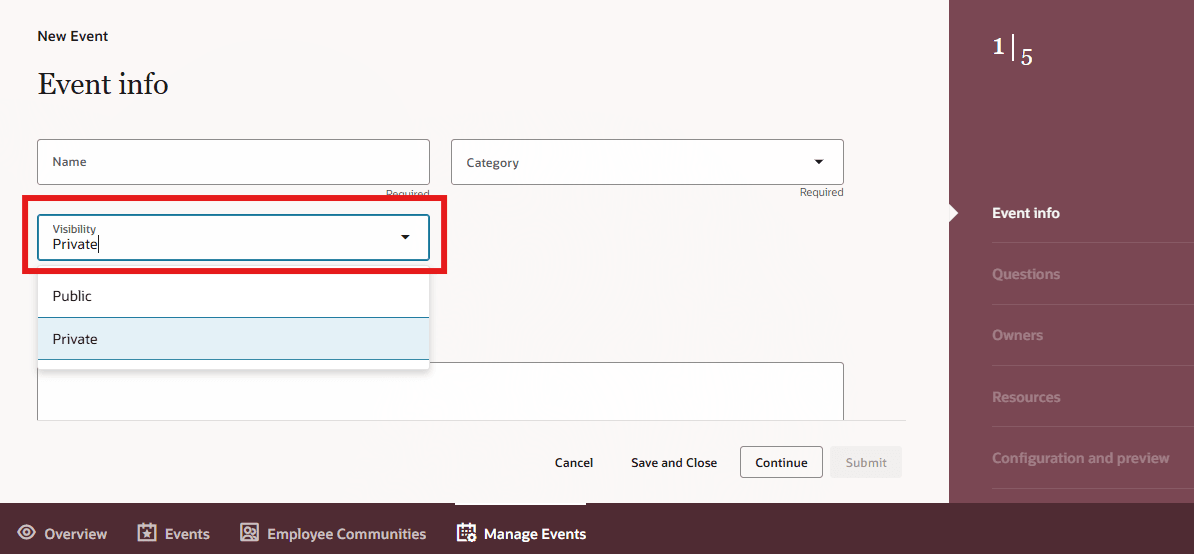 Visibility Field Private Selected in Event Info