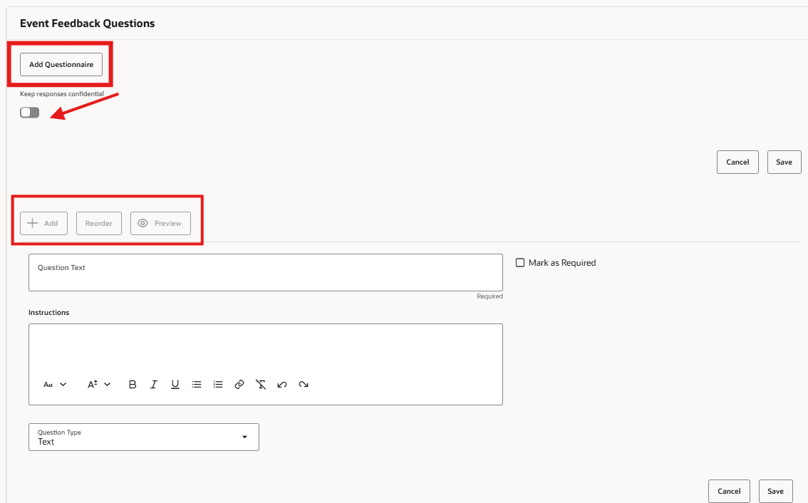Event Questionnaires and Questions