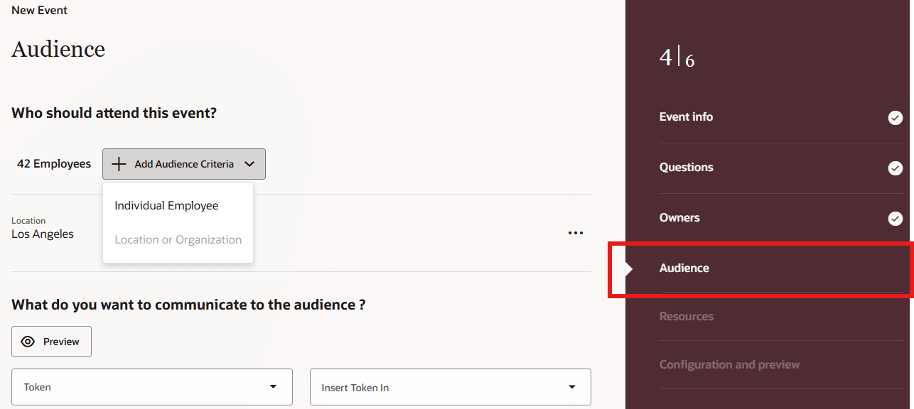 Audience Step in Private Event Creation Workflow