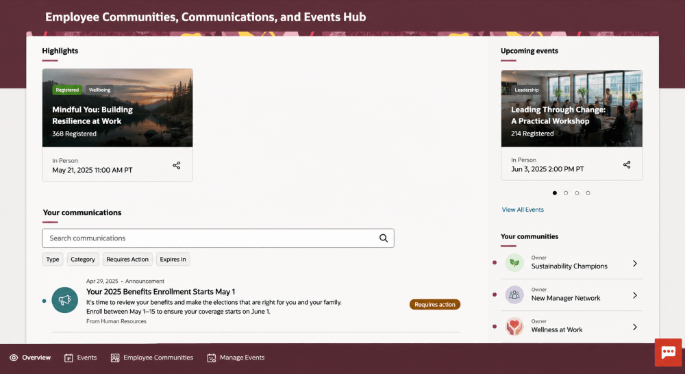 Employee Communities, Communications, and Events Hub showing highlights, upcoming events, communications, and the Your communities section