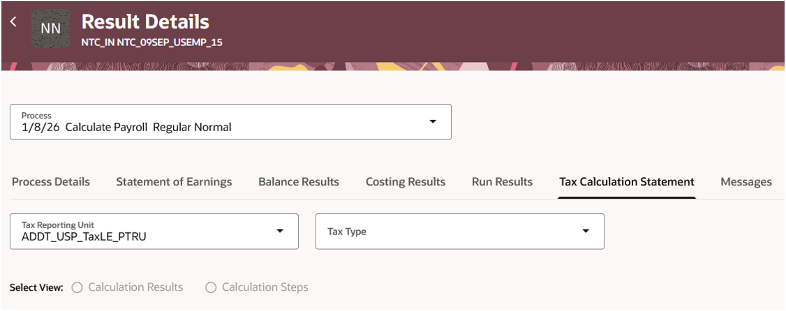 Image: Tax Calculation Statement tab