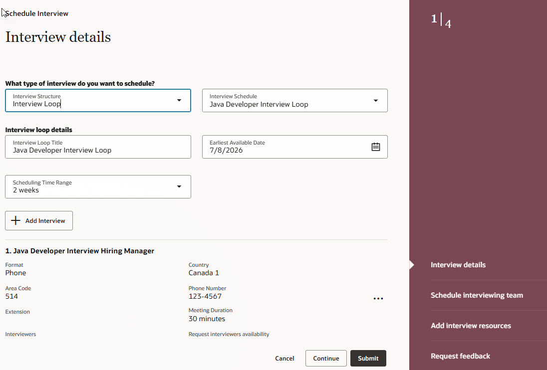 Scheduling a loop interview using a schedule template