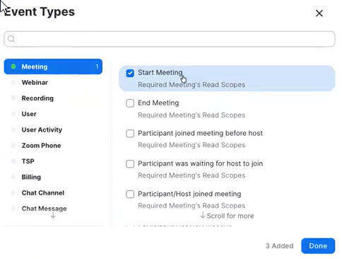 Configuring events in the Zoom app