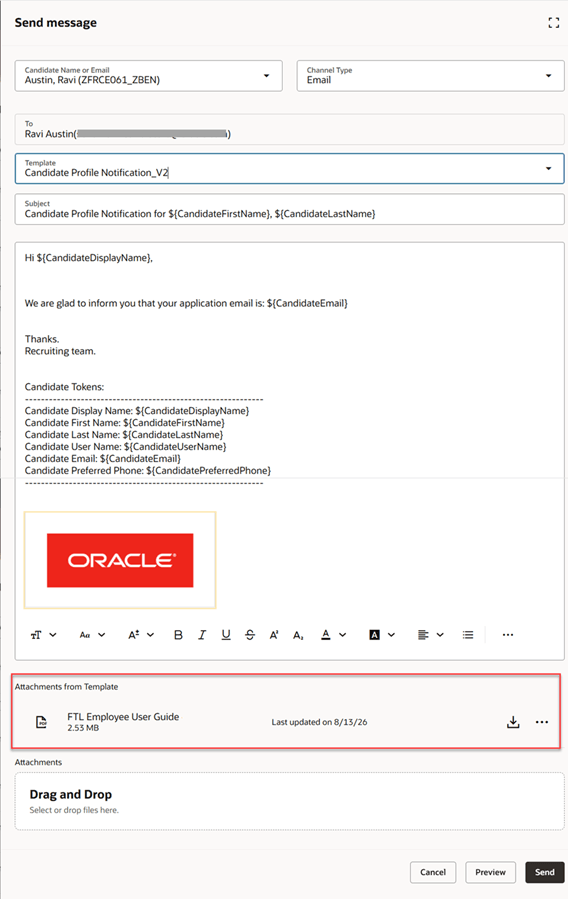 Template attachments displayed while composing a message