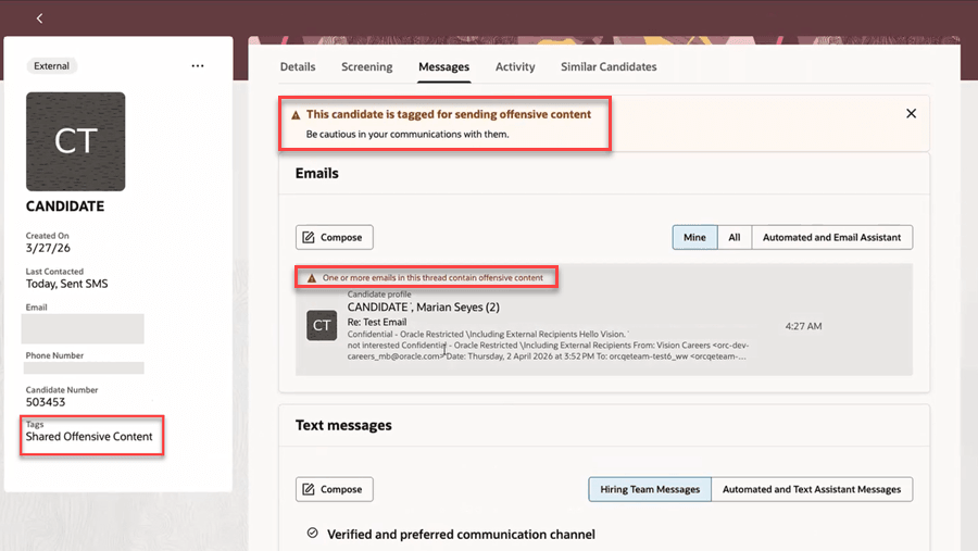 Offensive message markers on the candidate profile page