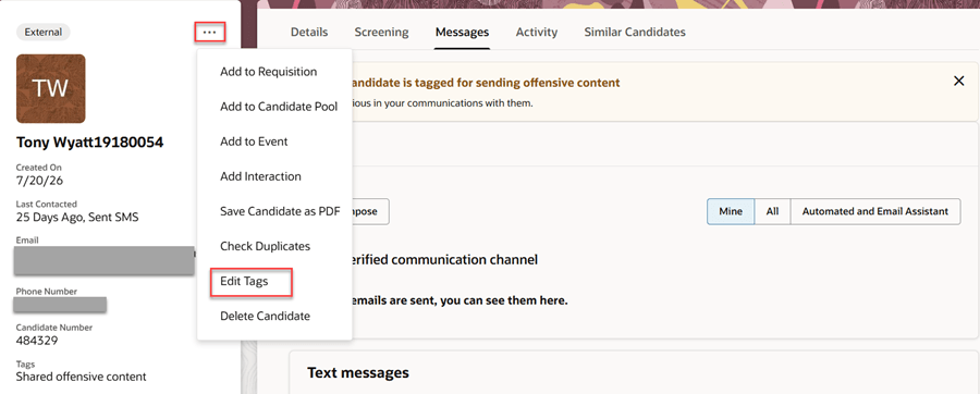 Edit Tags option on the candidate profile page