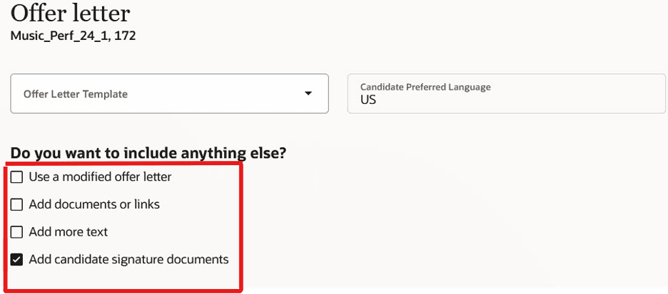 Options in the Offer letter section