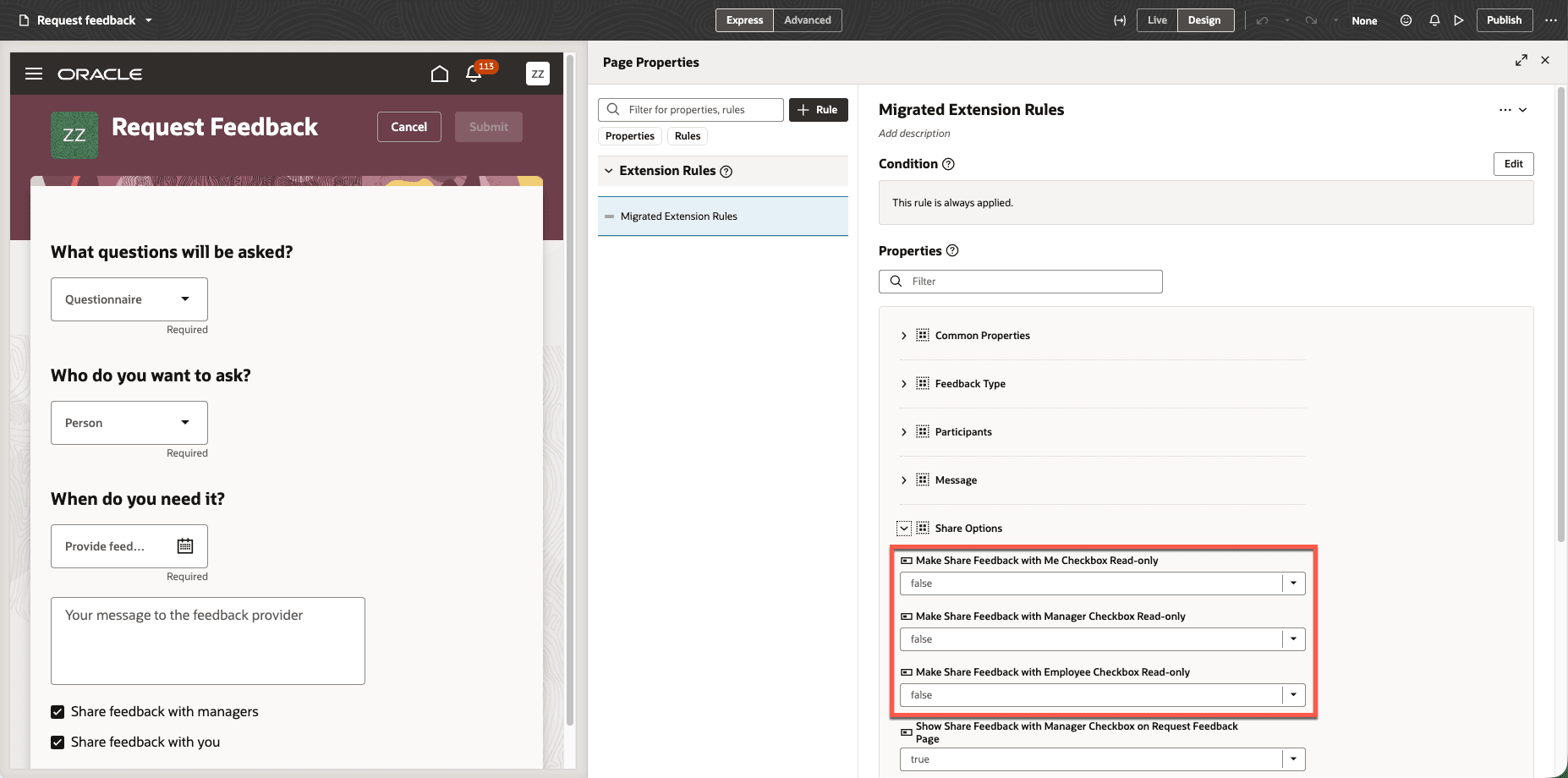 Make requested feedback share options read-only 