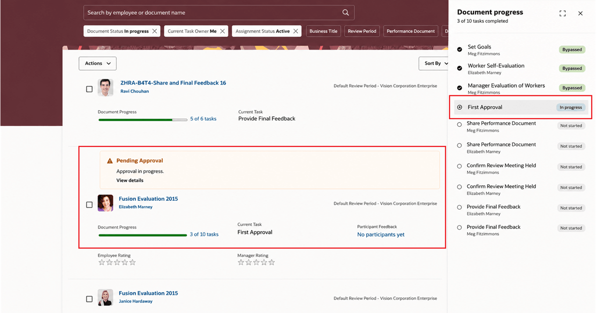 This screenshot illustrates the document progress drawer that highlights an auto submitted approval task where the manager name doesn't display.