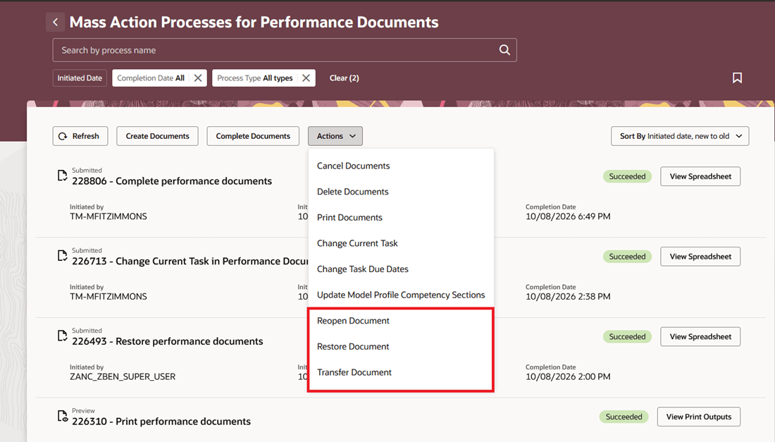 Screenshot that displays the reopen, restore and transfer actions highlighted on the Mass Action Processes for Performance Documents page.