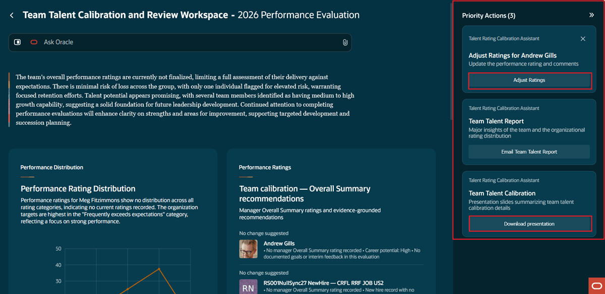 Rating adjustments, priority actions, and team talent presentation highlighted in the Team Talent Calibration and Review Workspace agentic app.