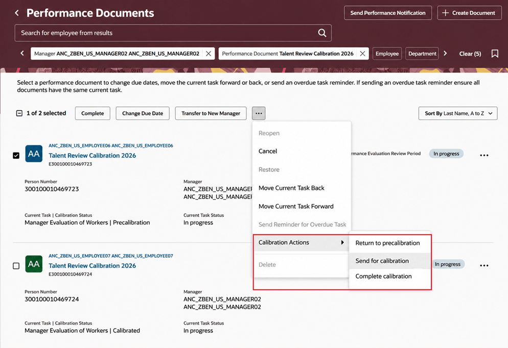 Screenshot of the Performance Documents page with the calibration actions highlighted.