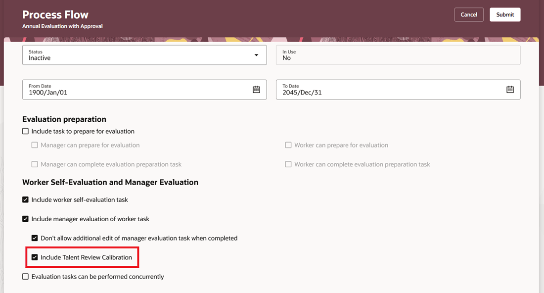 Screenshot of the performance process flow with the Include Talent Review Calibration option highlighted.