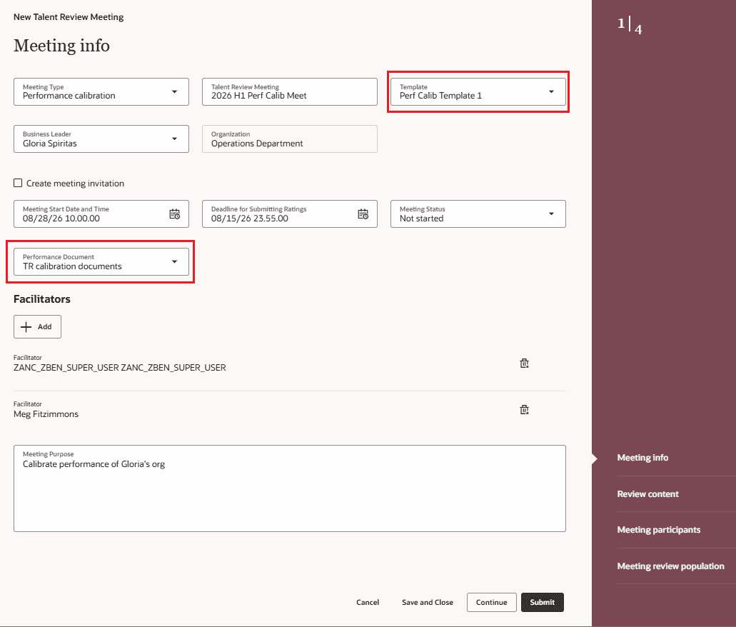 Screenshot that illustrates the talent review meeting with the template and performance document details.