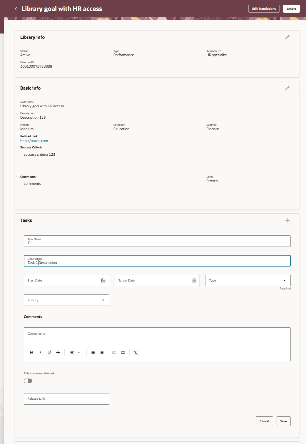 A performance library goal with a task description